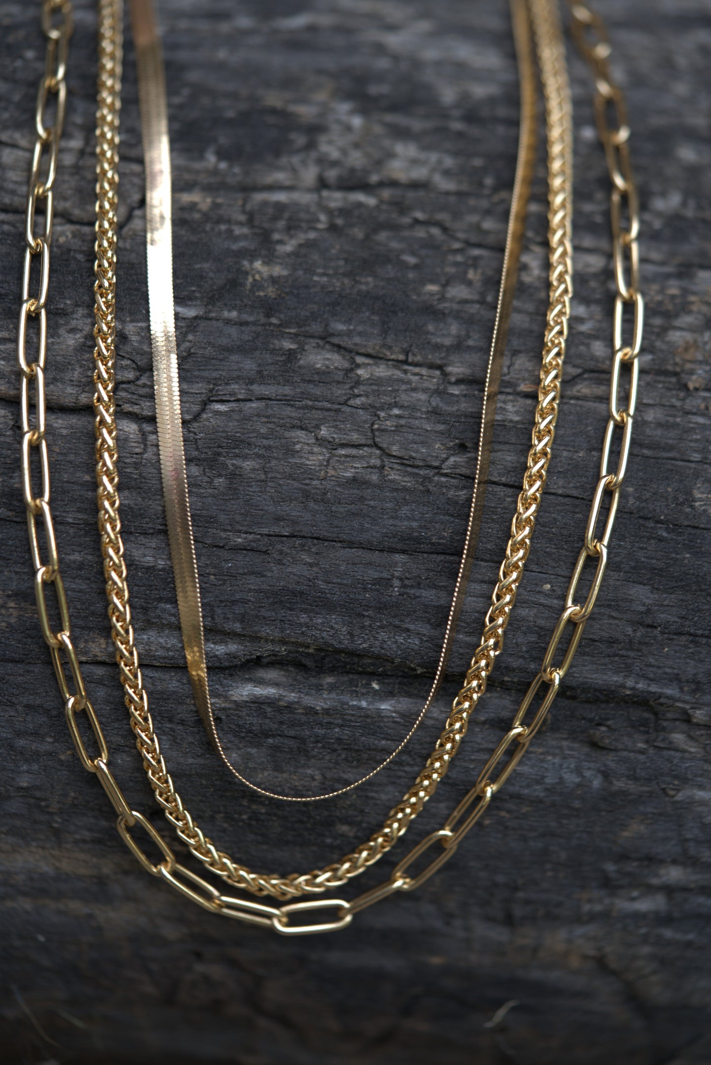 18K Gold Layered Chain Necklace Set – Paperclip, Herringbone, & Rope.