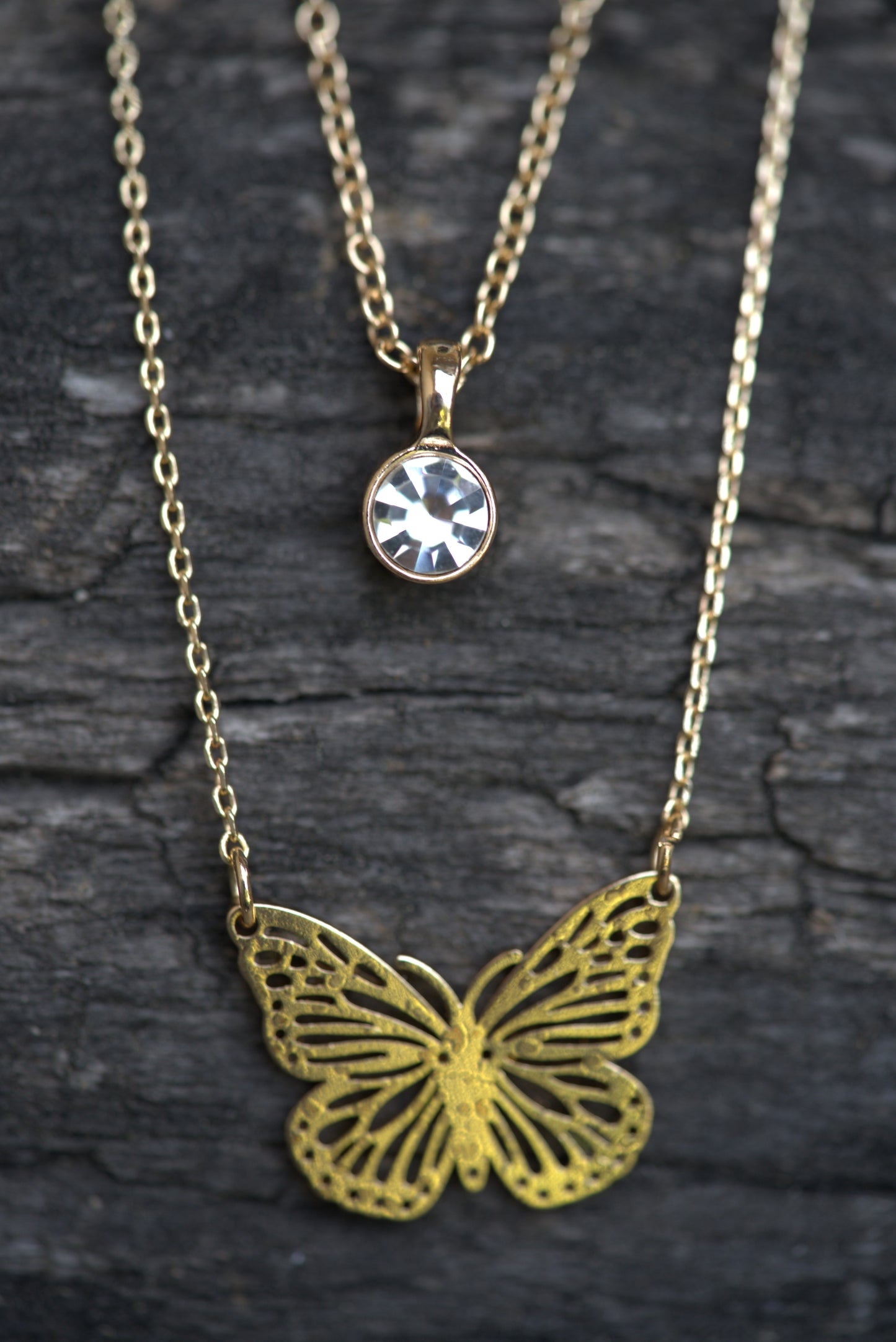 Gold Layered Butterfly & Crystal Pendant Necklace