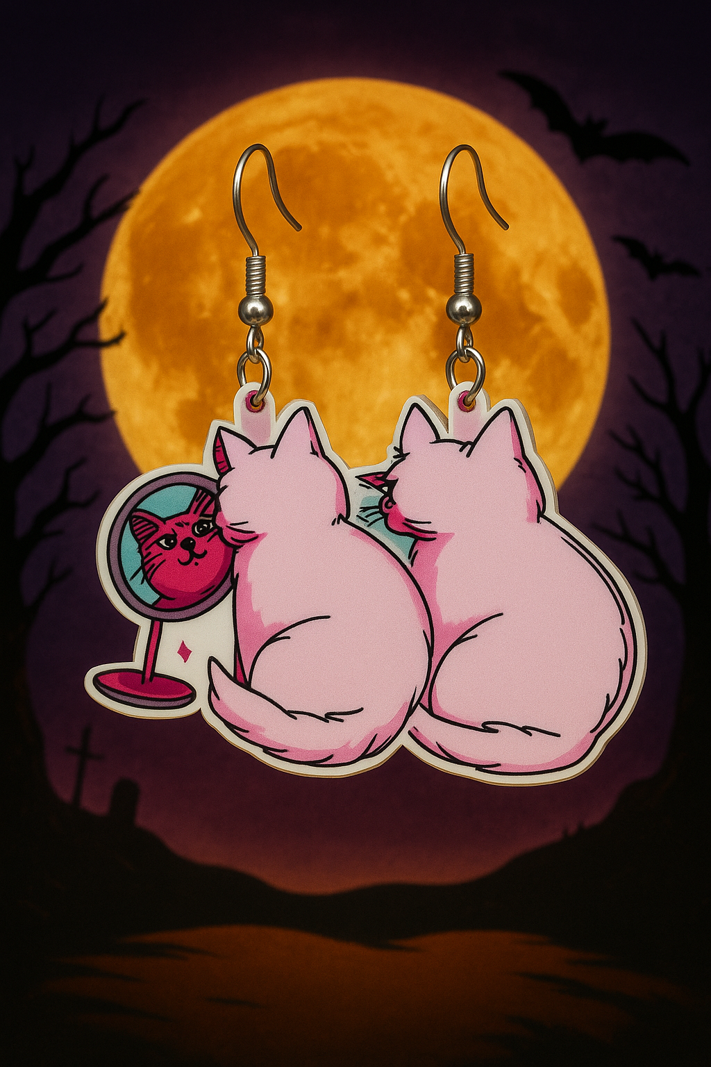 Spooky Cat Mirror Dangle Earrings