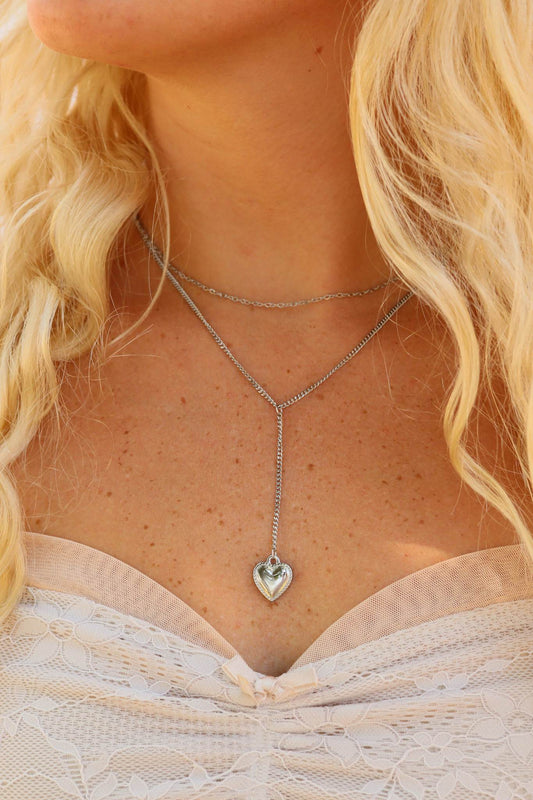 18k gold PVD layered lariat heart charm necklace