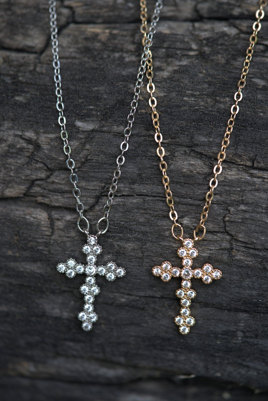 Cross Pendant Necklace with Brilliant Round-Cut CZ Stones