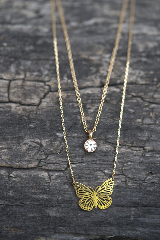 Gold Layered Butterfly & Crystal Pendant Necklace