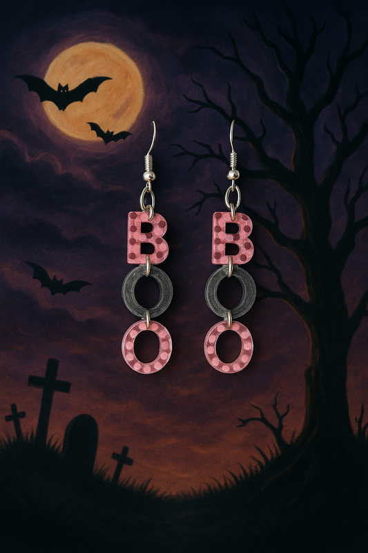 Pink and Black "BOO" Dangle Earrings