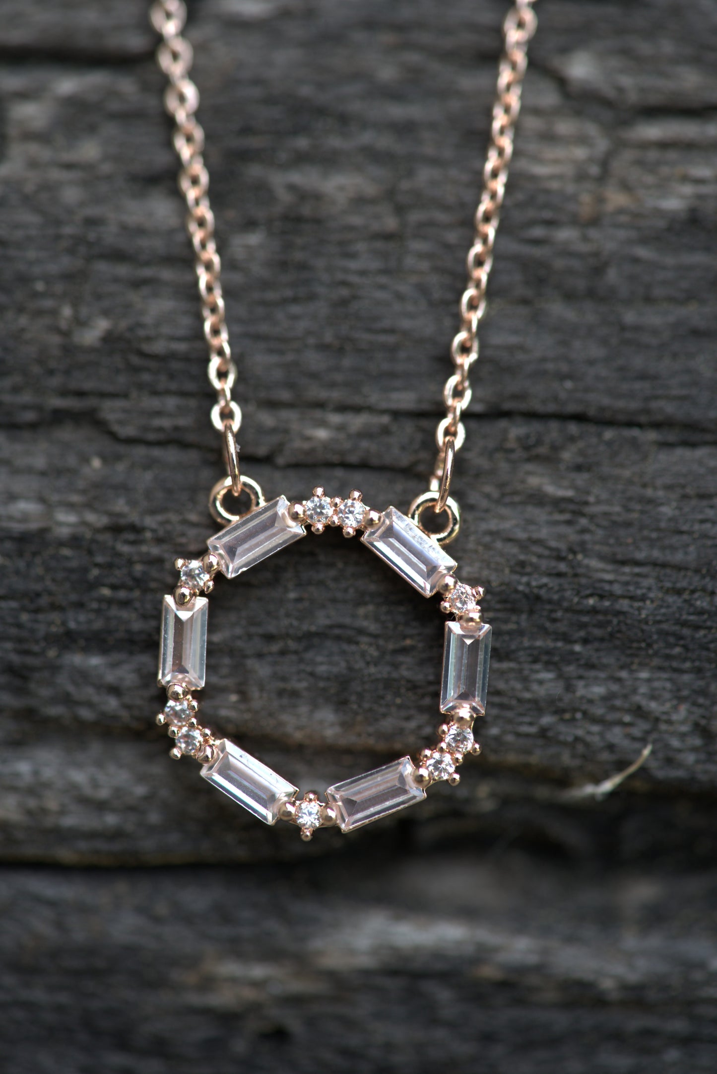 Stainless Steel Circle Necklace with Baguette and Round Cubic Zirconia Stones