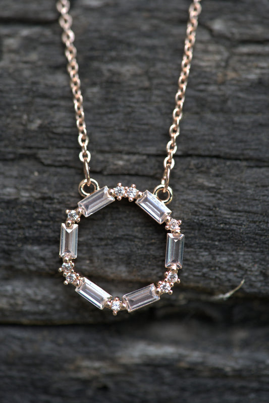 Stainless Steel Circle Necklace with Baguette and Round Cubic Zirconia Stones