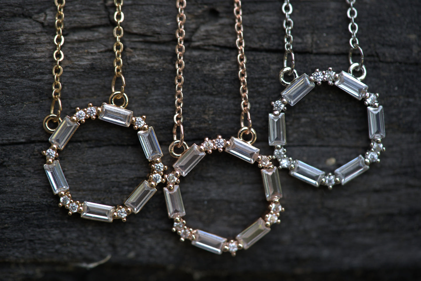 Stainless Steel Circle Necklace with Baguette and Round Cubic Zirconia Stones