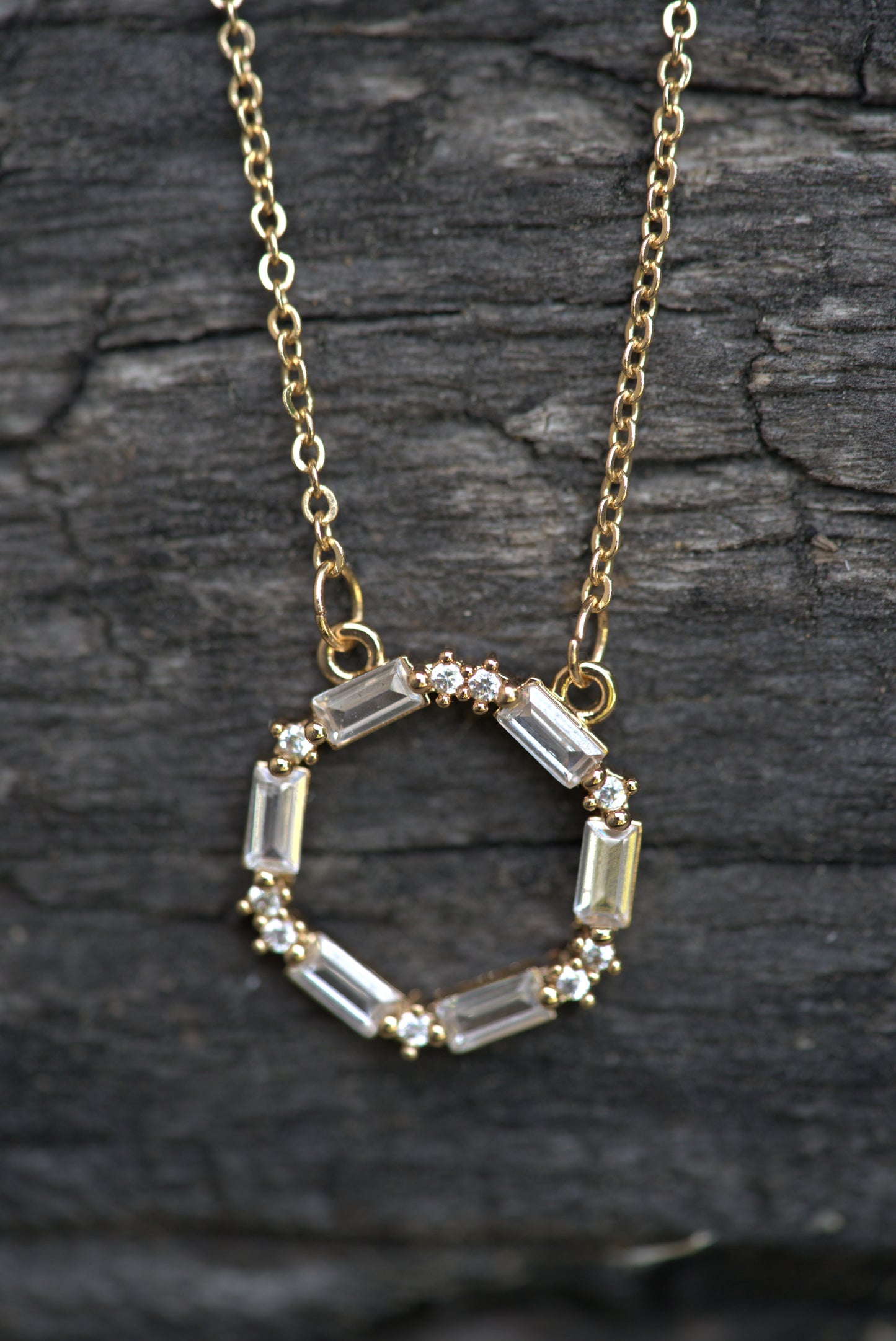 Stainless Steel Circle Necklace with Baguette and Round Cubic Zirconia Stones