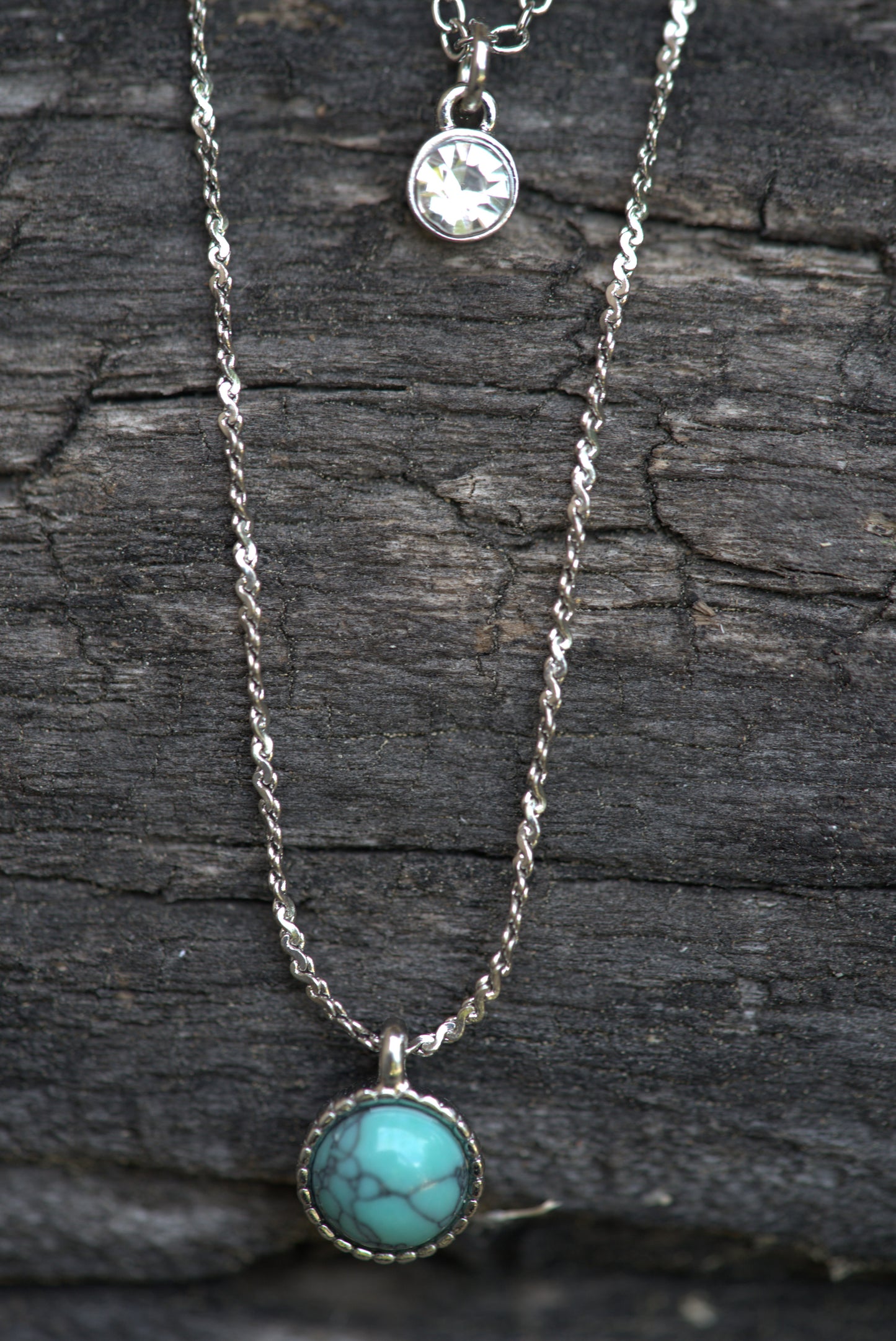 Stainless Steel Turquoise & Crystal Double Pendant Necklace