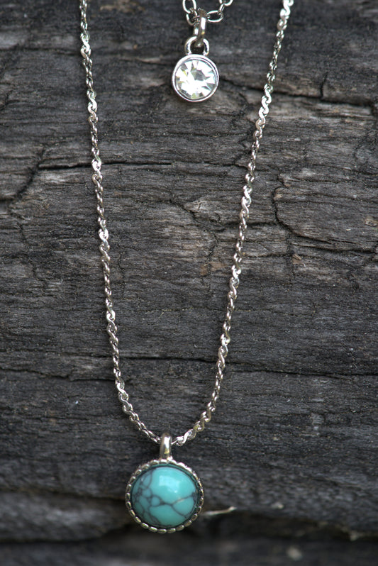 Stainless Steel Turquoise & Crystal Double Pendant Necklace
