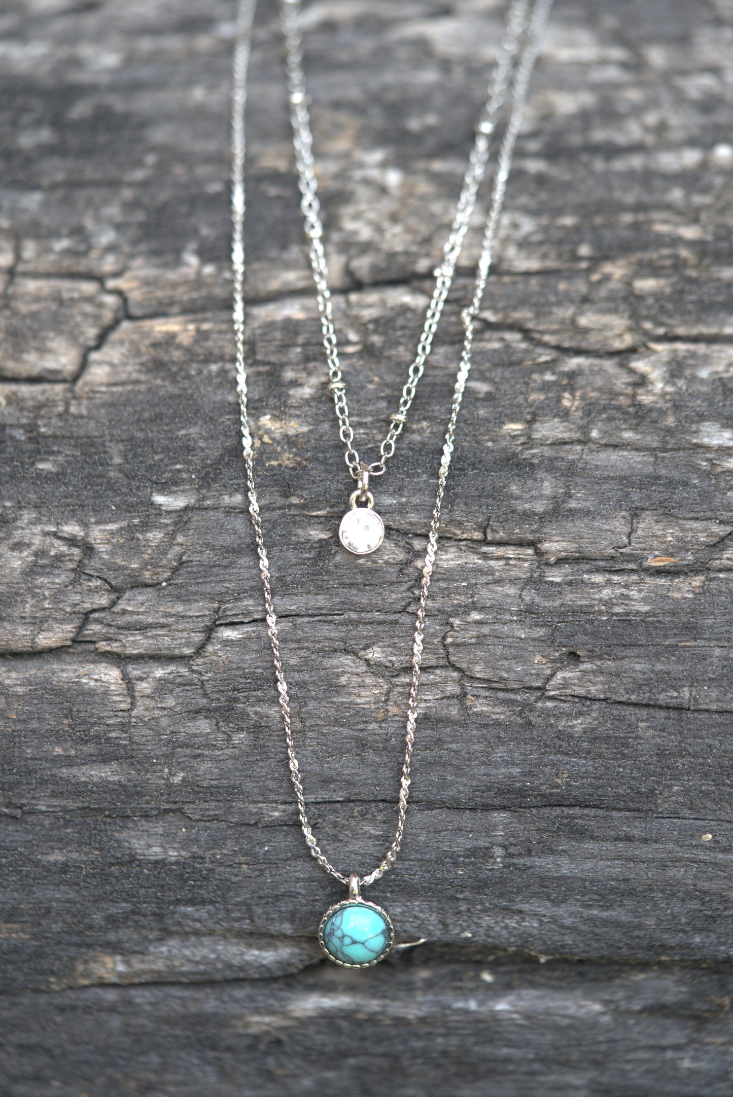 Stainless Steel Turquoise & Crystal Double Pendant Necklace