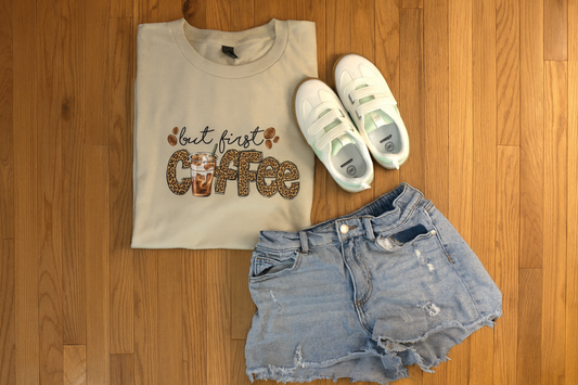 “But First Coffee” Leopard Print Graphic Tee
