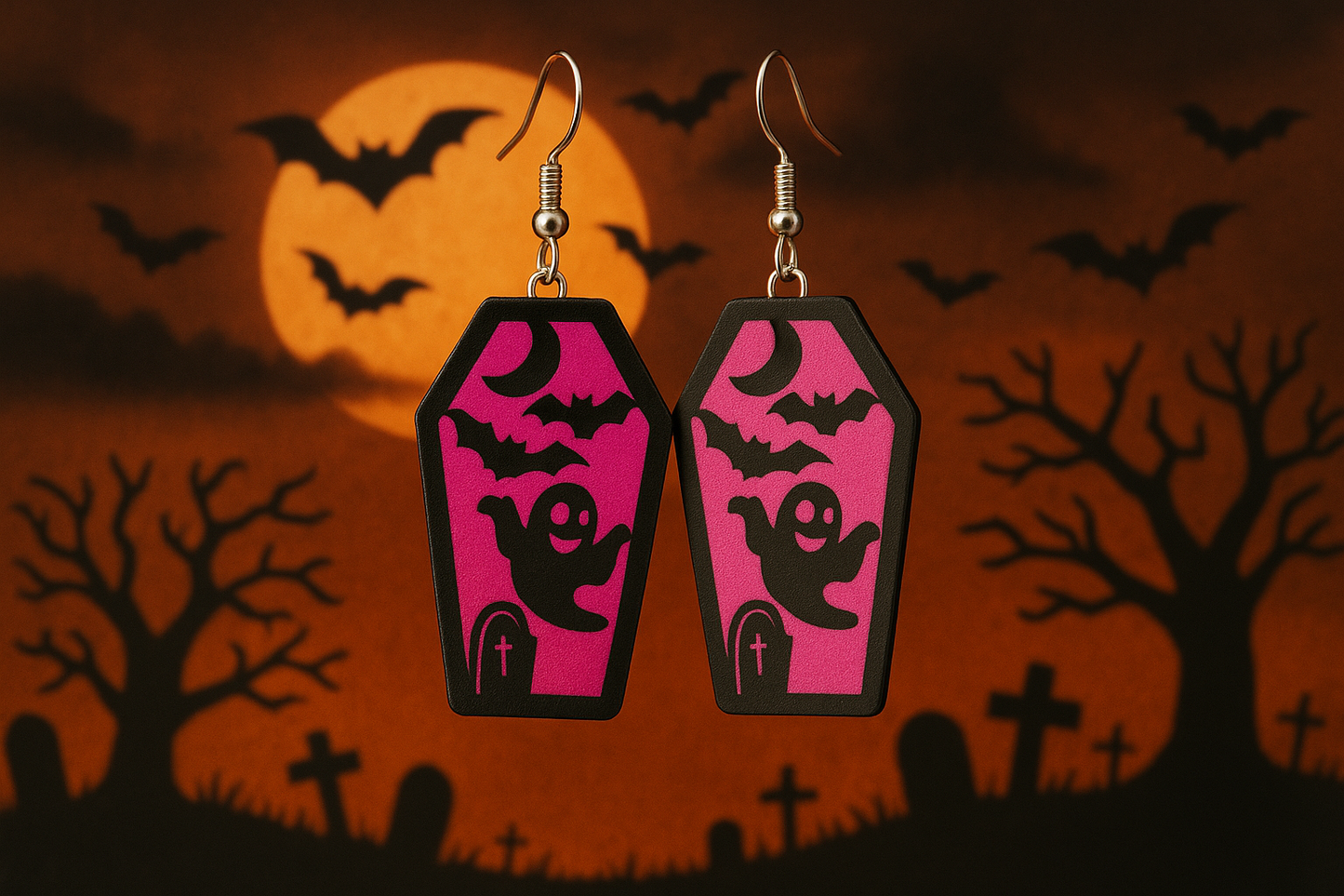Coffin Ghost & Bat Dangle Earrings