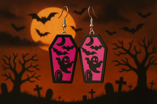 Coffin Ghost & Bat Dangle Earrings