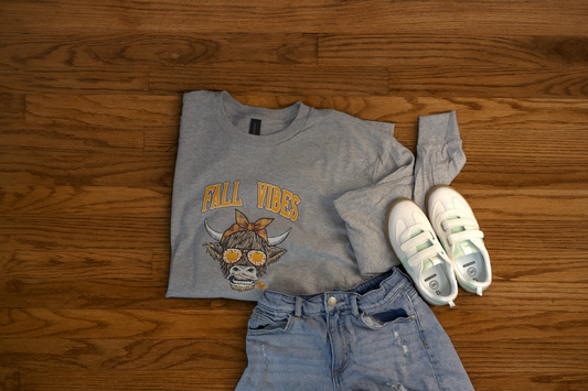 Cozy Gray Long Sleeve with Highland Cow Print