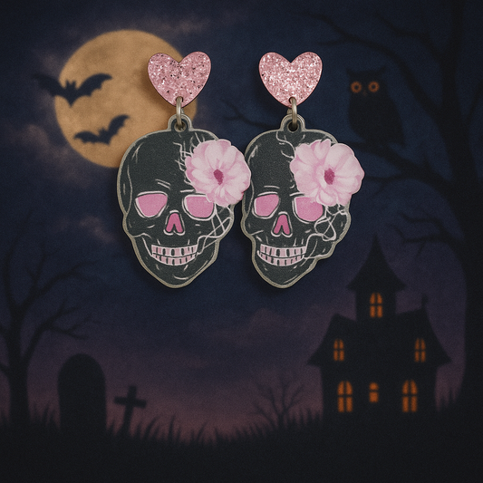 Glam Skull and Flower Dandle earrings