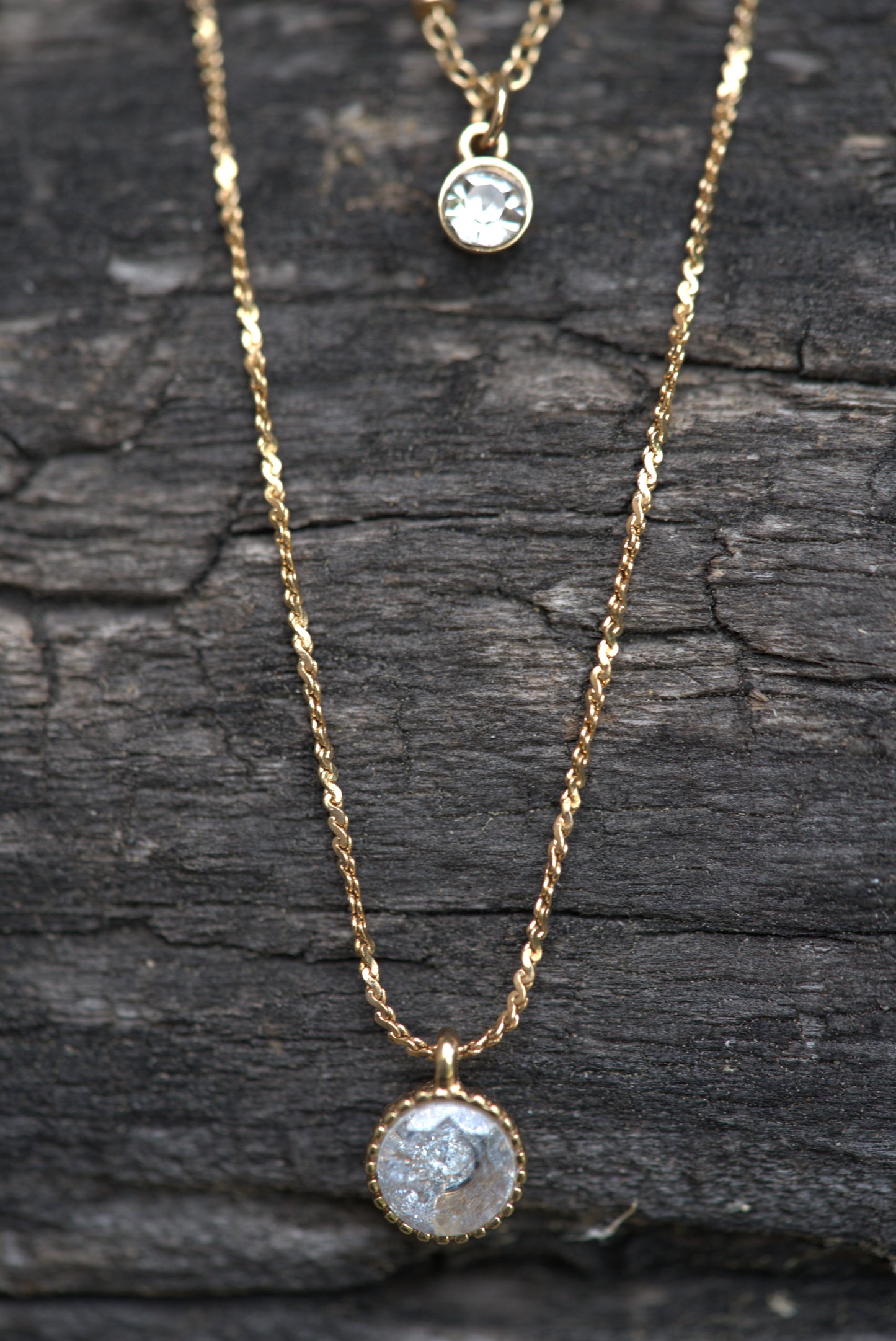 Gold-Plated Double Pendant Necklace with Crystal and Textured Disc