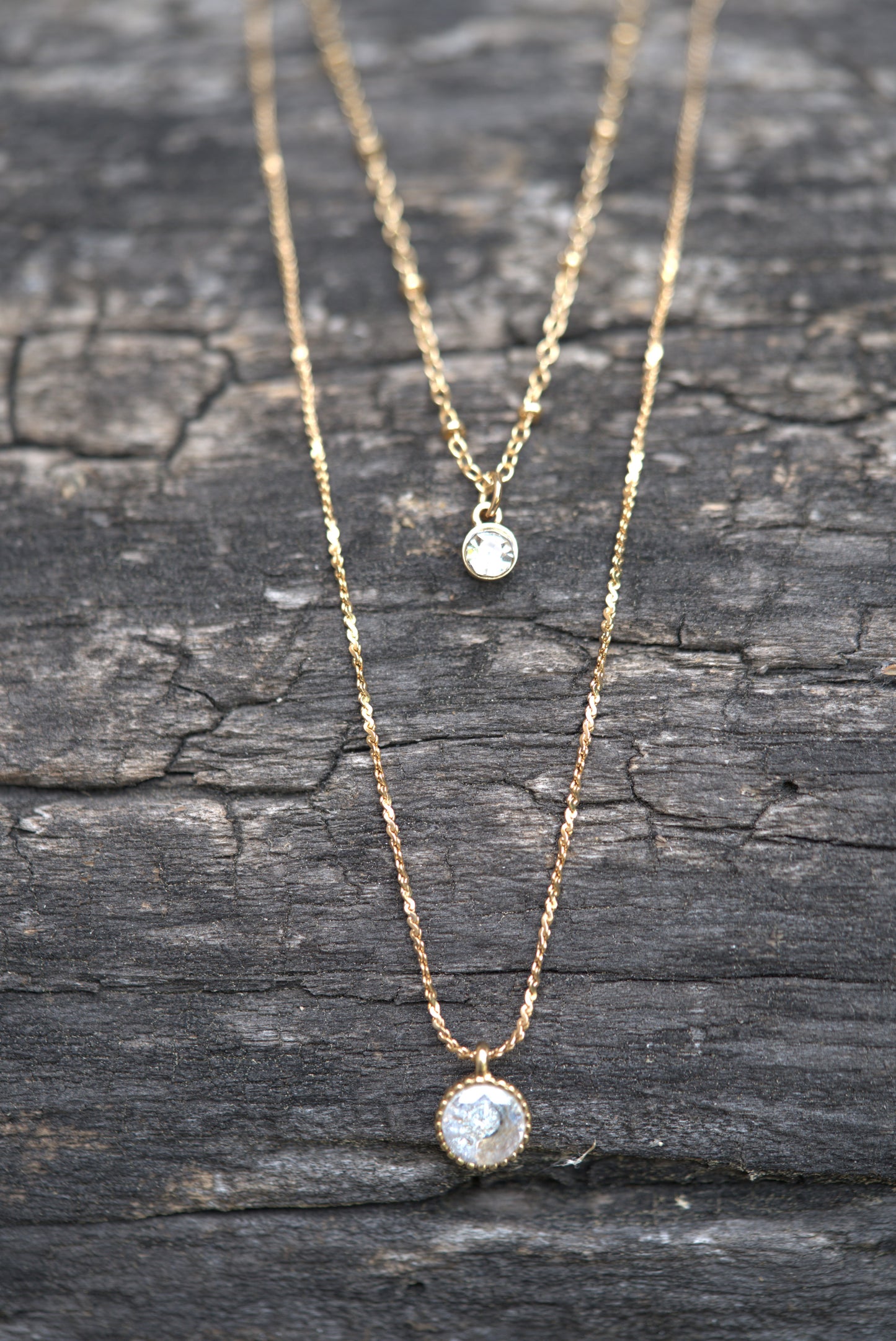 Gold-Plated Double Pendant Necklace with Crystal and Textured Disc