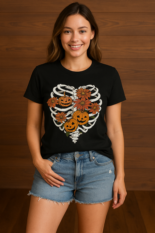 Halloween Skeleton Heart Graphic Tee with Pumpkins & Flowers