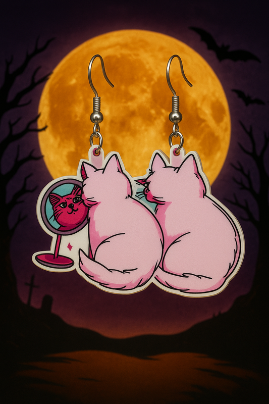 Spooky Cat Mirror Dangle Earrings