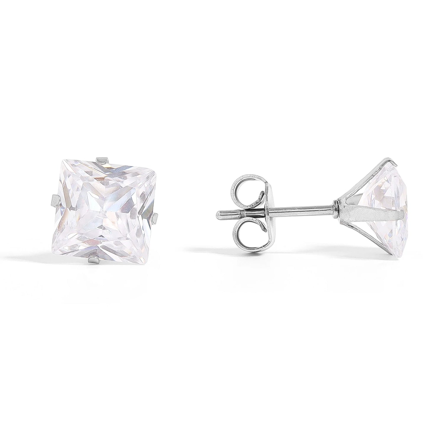 Stainless steel princess cut CZ stud earrings