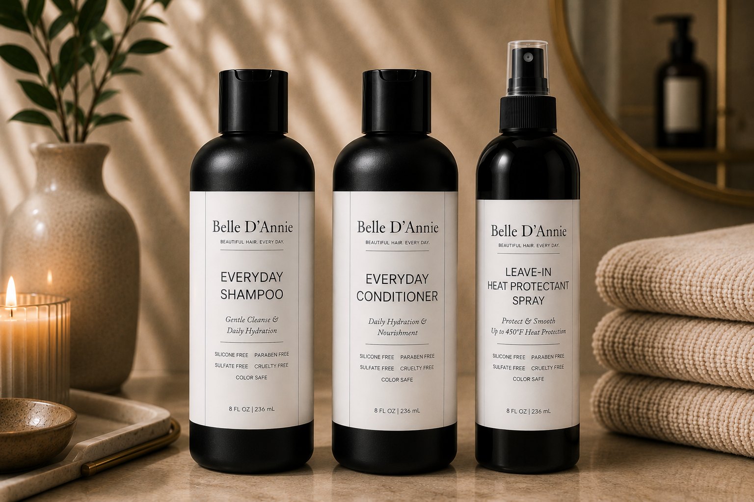 Belle D'Annie Everyday Hair Routine bundle with shampoo conditioner and leave-in treatment spray