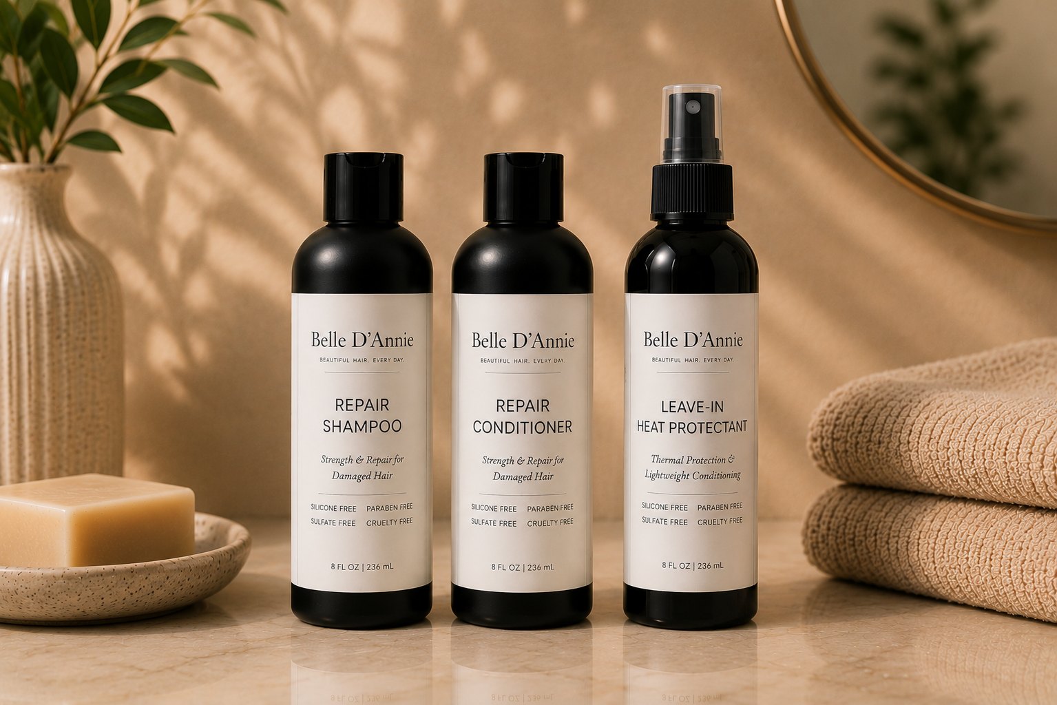 Belle D'Annie Repair System shampoo conditioner and leave-in treatment spray bundle