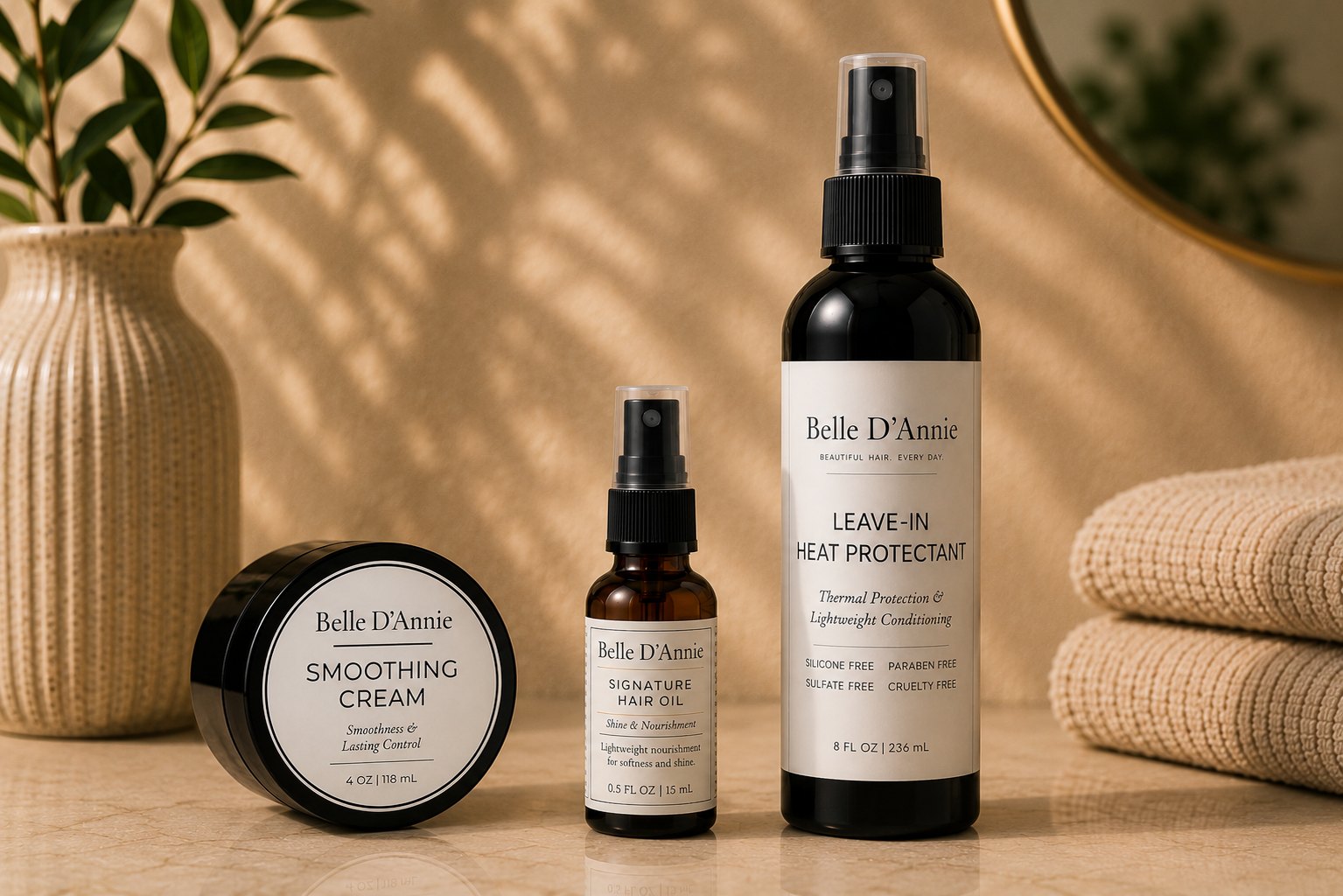 Belle D'Annie Salon Finish Trio for leave-in treatment smoothing cream and hair oil shine